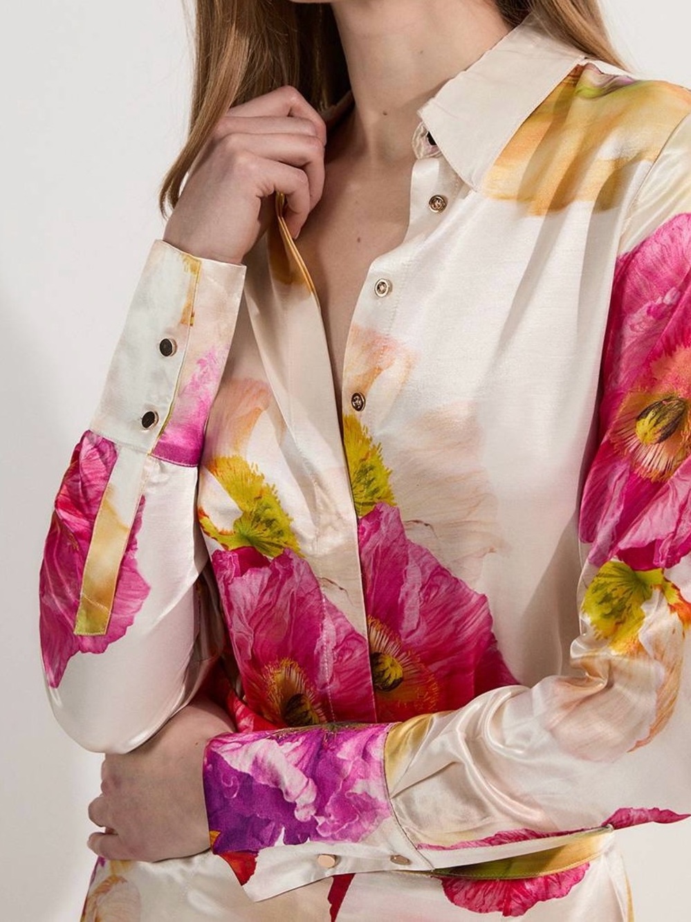Karen Millen Cream Satin Button-Down with Pink Floral Print